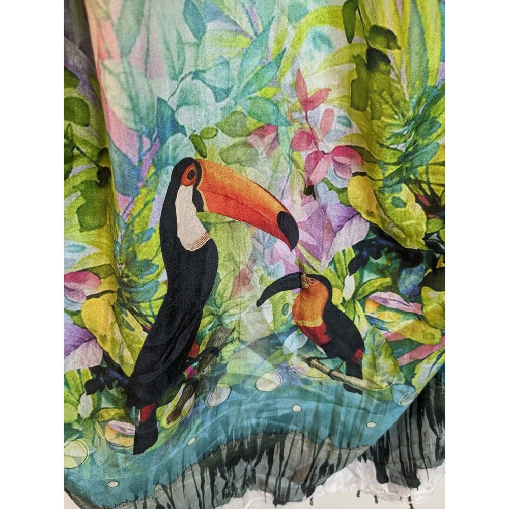 Sapphire Silk Toucan Scarf Wrap Beaded Tassels